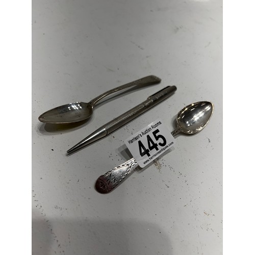 445 - Pair Early Silver Spoons + Silver Retractable Pencil