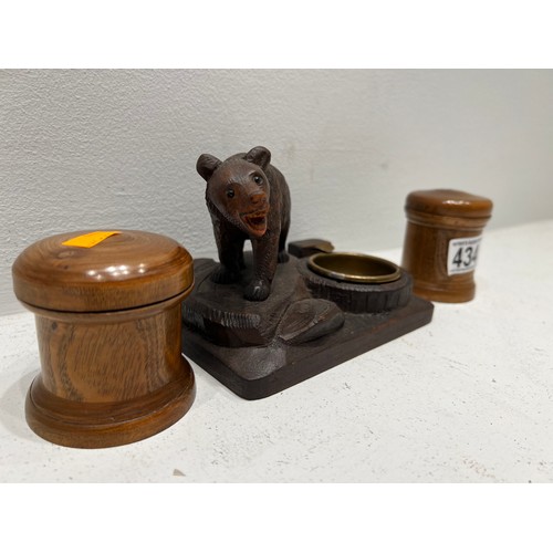 434 - Black Forrest Bear Ash Tray + pair Treen Pots Early 20th c