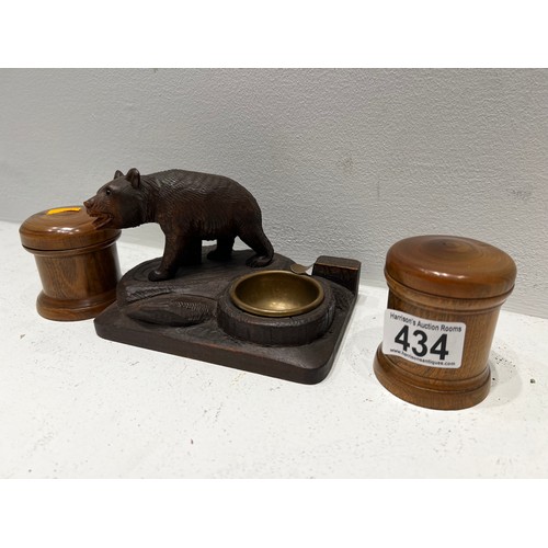 434 - Black Forrest Bear Ash Tray + pair Treen Pots Early 20th c