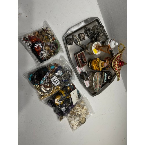 420 - 4 Bags costume Jewellery + tray trinket boxes.tray not inc