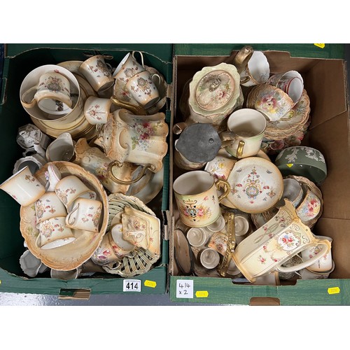 414 - 2 Boxes crown Devon Fieldings etc Blush ivory pottery jugs vases tea pots cups saucers etc