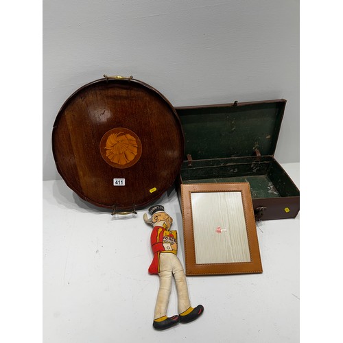 411 - Inlayed Butlers Tray with brass handles + small suitcase with sunny jim rag doll c1930’s +Vintage we... 