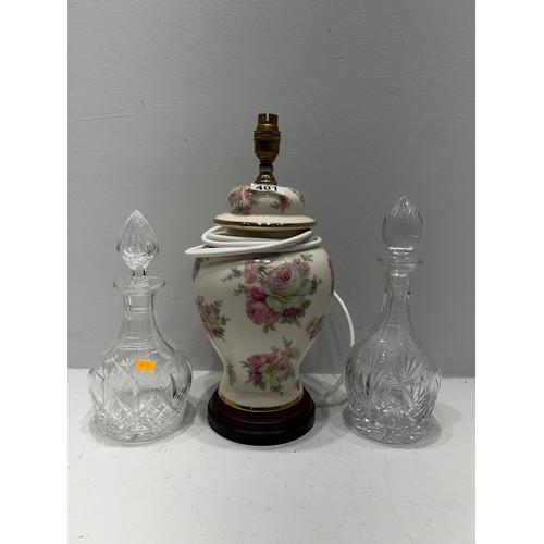 401 - 2 Cut Glass Decanters + Table Lamp