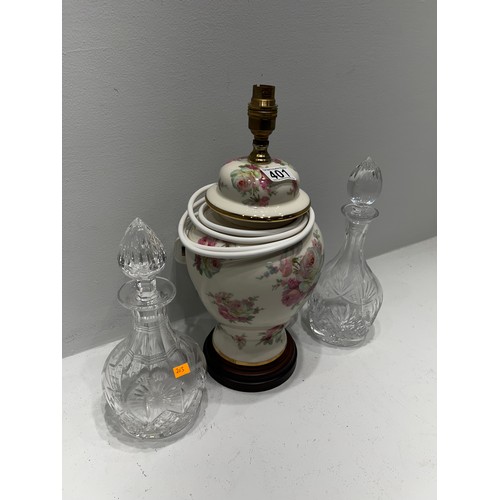 401 - 2 Cut Glass Decanters + Table Lamp