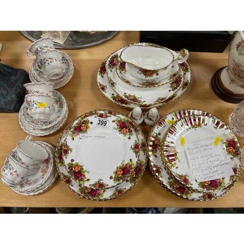 399 - Royal Albert country Rose large Dinner and tea plates gravy boat & oval plates + 6 Royal Albert Jubi... 