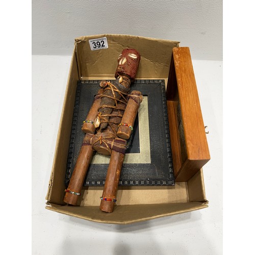 392 - Box Native items inc Namji Fertility Doll north cameroon /framed Buddha head/silk parchment in frame