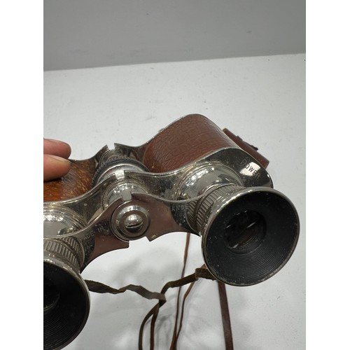 360 - Pair Vintage French extra power Chrome/Leather Binoculars in case