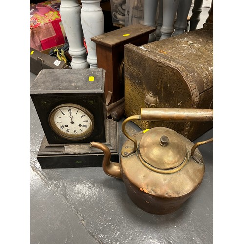 331 - Vintage clocks/copper kettle/log box