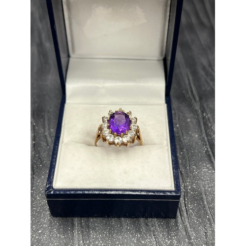 517 - 9ct Gold Large Amethyst / CZ Dress Ring Size N 3.7g gross