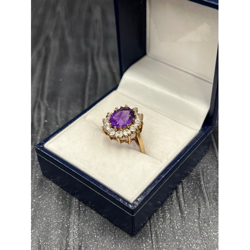 517 - 9ct Gold Large Amethyst / CZ Dress Ring Size N 3.7g gross