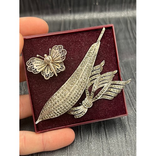 495 - Silver Butterfly Brooch together with 2 Vintage Marcasite  Brooches