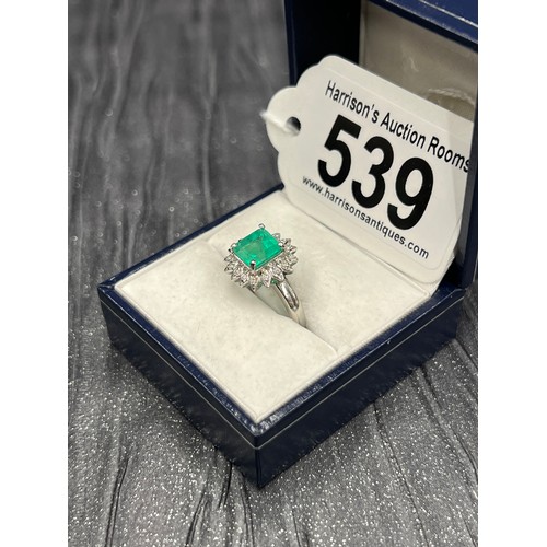 539 - Platinum Emerald & Diamond Ring Emerald is 1.99ct         size L/M