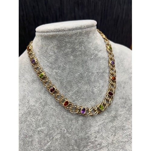 549 - Retro 9ct gold necklace with multi gem stones 36.2 g gross