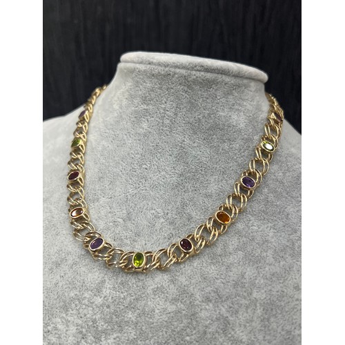 549 - Retro 9ct gold necklace with multi gem stones 36.2 g gross