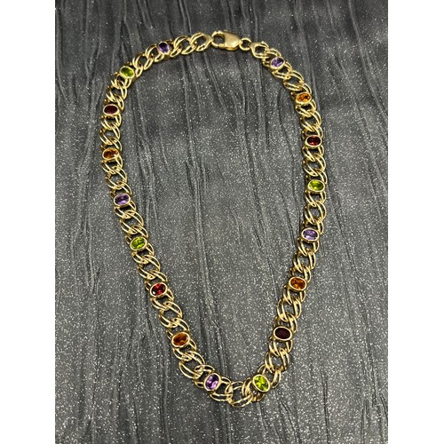 549 - Retro 9ct gold necklace with multi gem stones 36.2 g gross