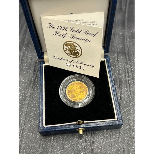 560 - Royal Mint 1996 Gold  Proof Half Sovereign with certificate No 4836