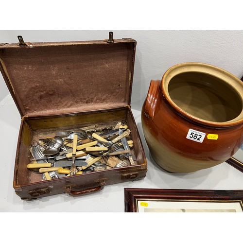 582 - Earthenware Pot,case with cutlery,pictures