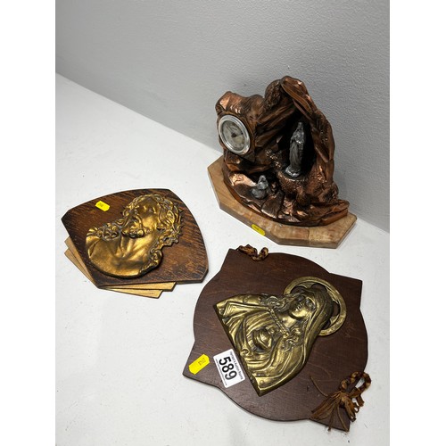 589 - Spelter Lourdes Prelux clock + 2 Religious plaques