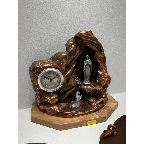 589 - Spelter Lourdes Prelux clock + 2 Religious plaques