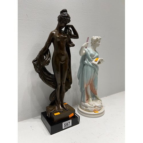 597 - Tall Bronze Grecian Lady Figure + Bisque Grecian Figure