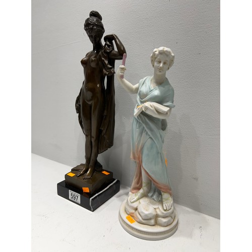 597 - Tall Bronze Grecian Lady Figure + Bisque Grecian Figure