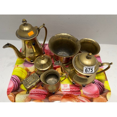 675 - Tray Vintage brassware tea set,mortars etc tray not inc