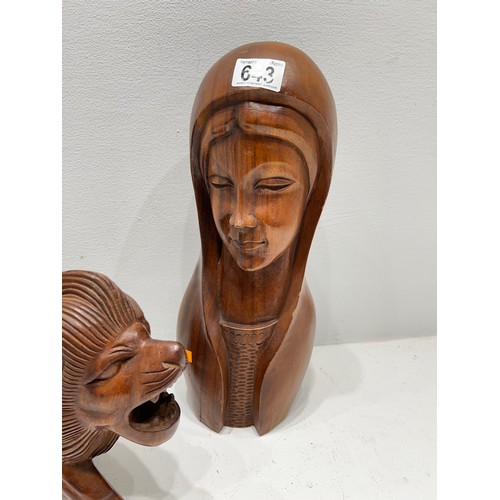 643 - Carved wooden Lion Figure + Wooden Madonna Bust