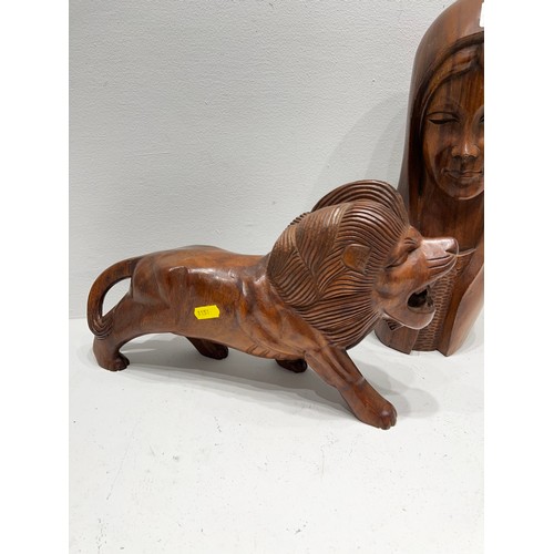 643 - Carved wooden Lion Figure + Wooden Madonna Bust