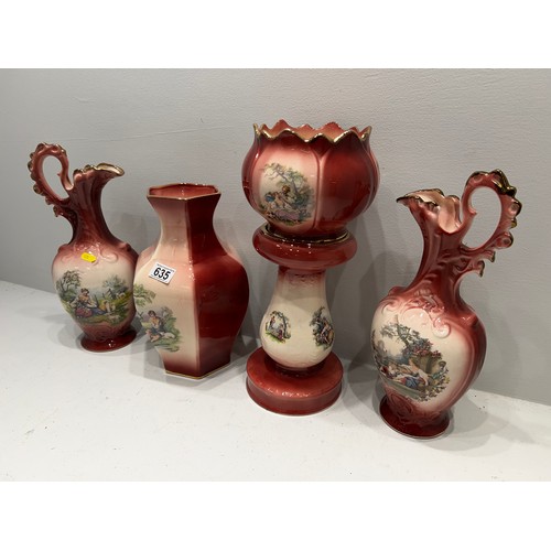 635 - 4 piece Staffordshire Pottery jugs,vase,jardiniere