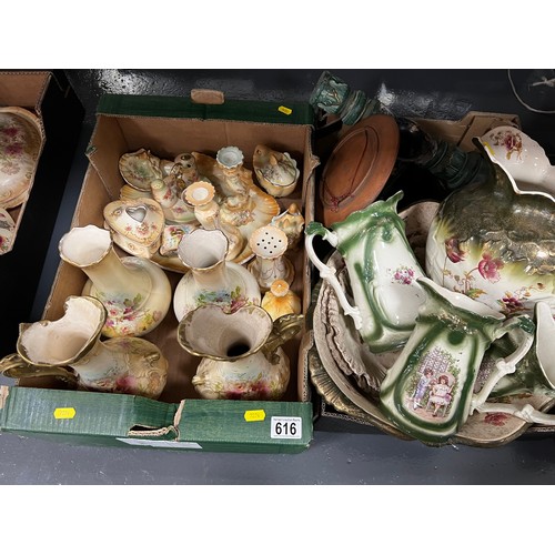 616 - Box Devon Pottery + Box Victorian jug/bowl jugs + Box Misc Binoculars,brush/mirror set,pin cushion e... 