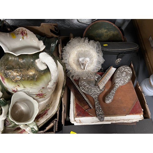 616 - Box Devon Pottery + Box Victorian jug/bowl jugs + Box Misc Binoculars,brush/mirror set,pin cushion e... 