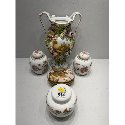 614 - Large Floral Vase coalbrookdale style,+ 2 Austrian lidded pots + Wedgwood pot