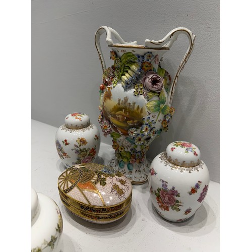 614 - Large Floral Vase coalbrookdale style,+ 2 Austrian lidded pots + Wedgwood pot