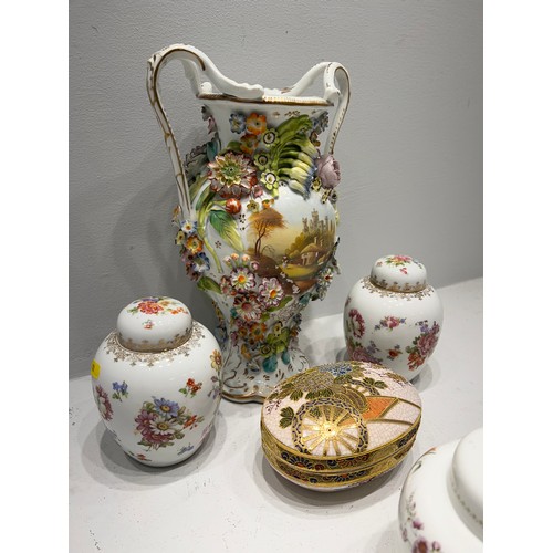 614 - Large Floral Vase coalbrookdale style,+ 2 Austrian lidded pots + Wedgwood pot