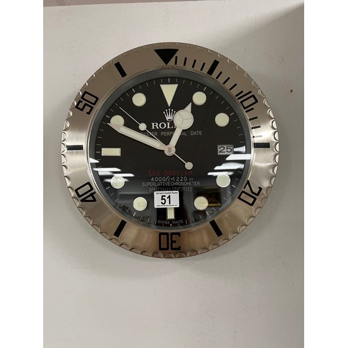 51 - Rolex officially-licensed dealer wall clock working