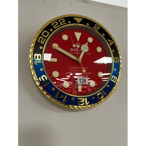 126 - Rolex officially-licensed dealer wall clock. Working