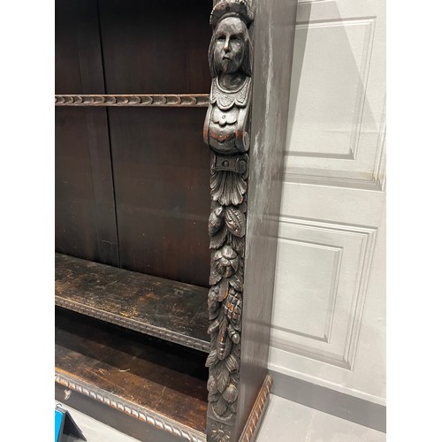 1085 - Victorian oak carved adjustable shelf height bookcase