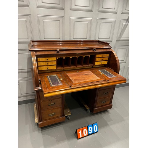 1090 - Victorian mahogany cylinder roll top leather top desk