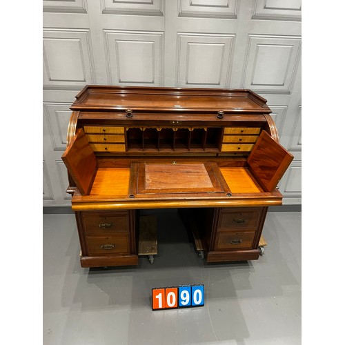 1090 - Victorian mahogany cylinder roll top leather top desk