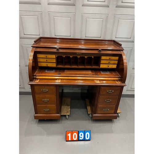 1090 - Victorian mahogany cylinder roll top leather top desk