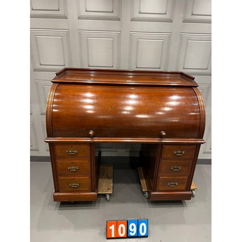 1090 - Victorian mahogany cylinder roll top leather top desk