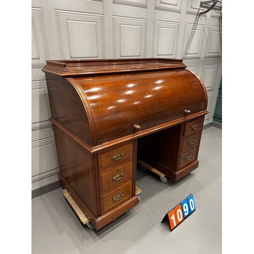 1090 - Victorian mahogany cylinder roll top leather top desk