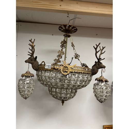 1193 - Impressive vintage french chandelier with stag head mounts