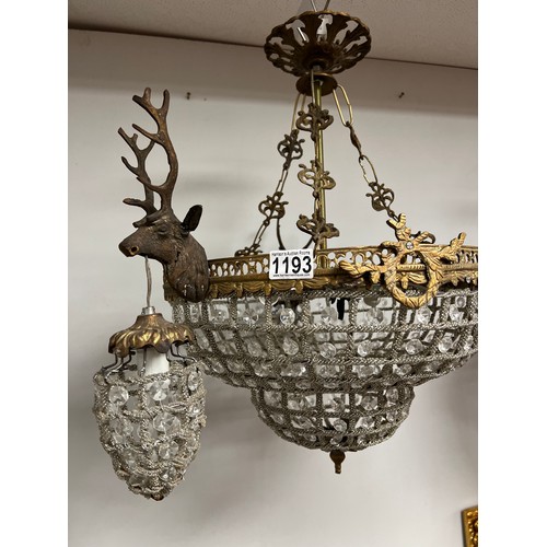 1193 - Impressive vintage french chandelier with stag head mounts