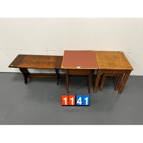 1141 - Dealers delight - mid century sewing box, oak side table + wicker nest