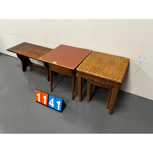 1141 - Dealers delight - mid century sewing box, oak side table + wicker nest