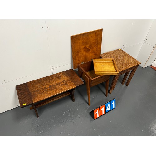 1141 - Dealers delight - mid century sewing box, oak side table + wicker nest