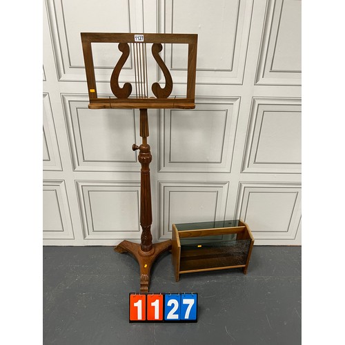 1127 - Carved bible/book stand with mag rack