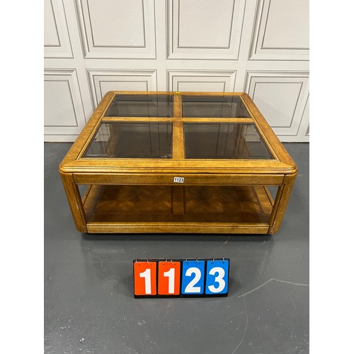 1123 - Vintage oak quad glass top coffee table, barker and stone house?