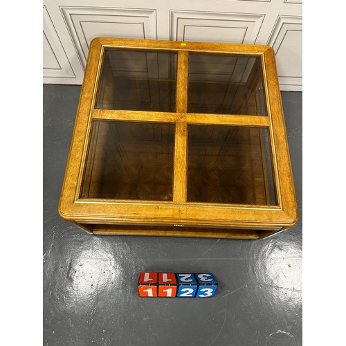 1123 - Vintage oak quad glass top coffee table, barker and stone house?